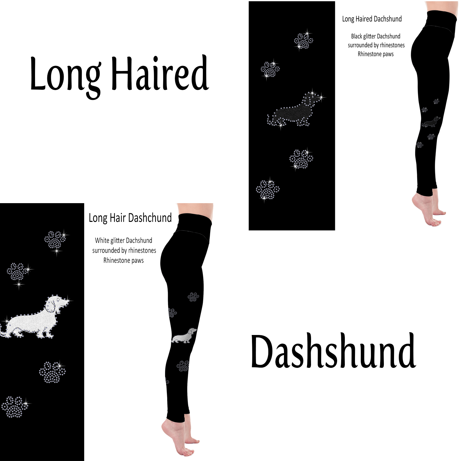 Long Haired Dachshund Rhinestone Leggings with Pockets - White or Black Glitter MM